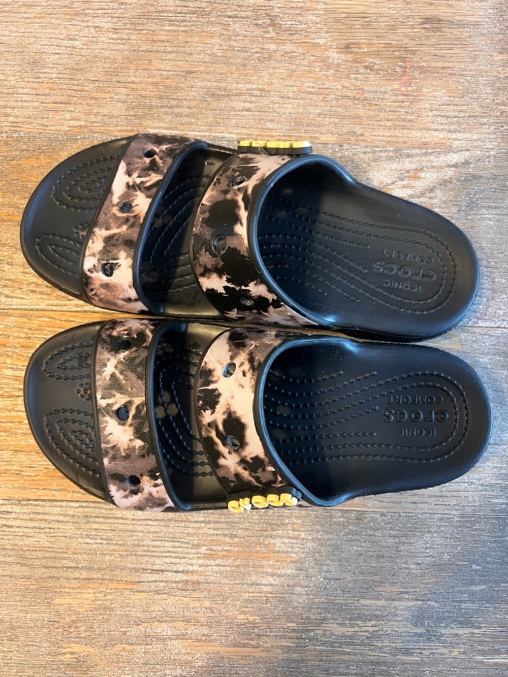 CROCS Black Footbed Slide Sandals with Tan Tie-Dye Straps